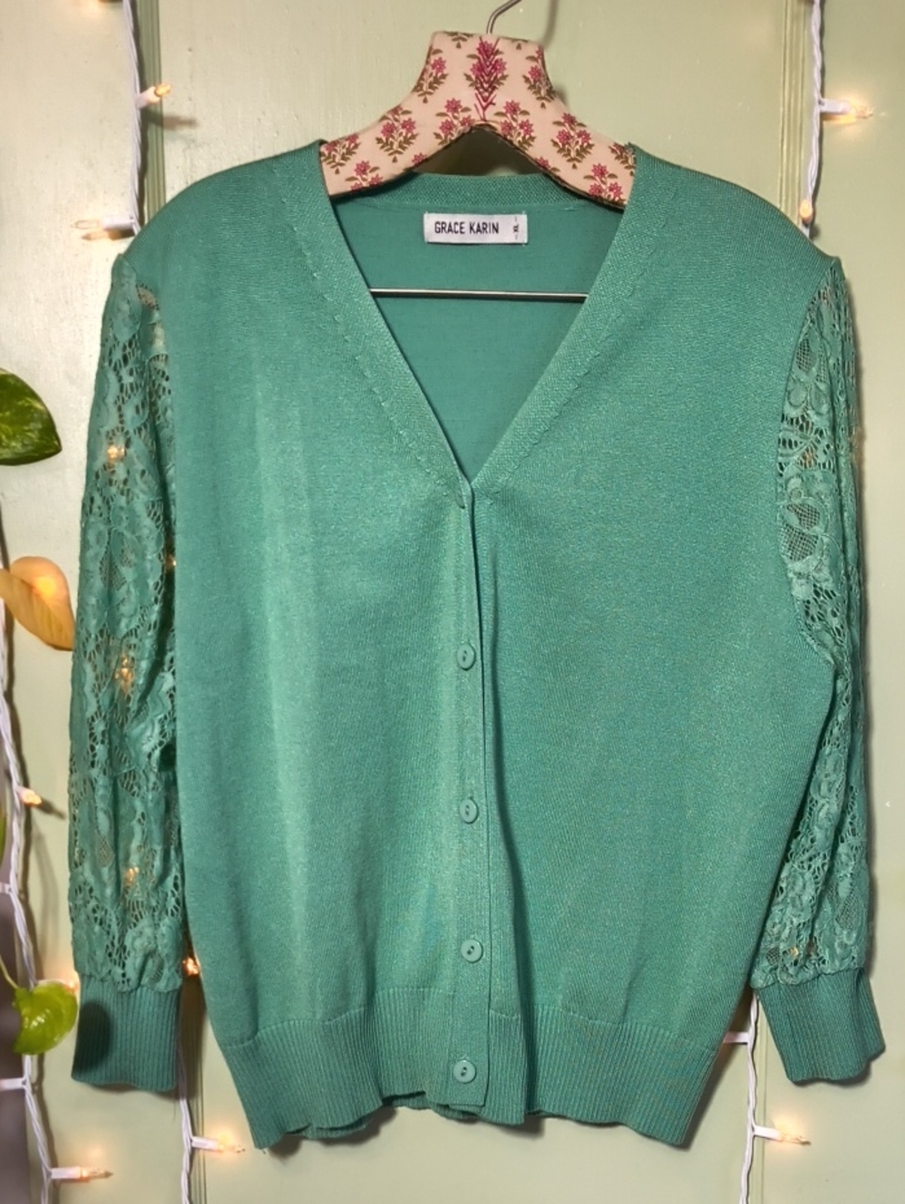 Women's Grace Karin Dark Sage Green Lace Sleeve Cardigan Sweater Viscose XL
